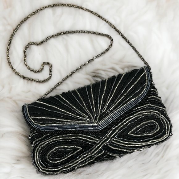 💰SALE💰 Vintage Black and Silver Beaded Art Deco Shoulder Purse - Picture 1 of 13